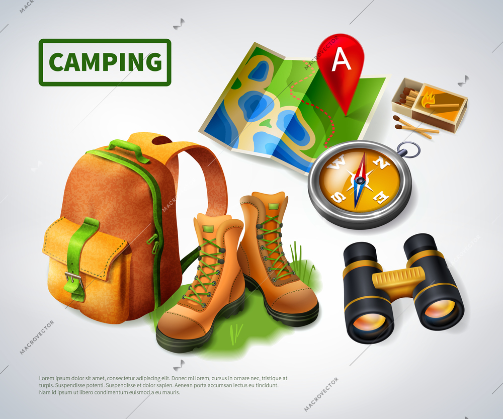 Camping realistic composition with big green headline and icon set on theme vector illustration