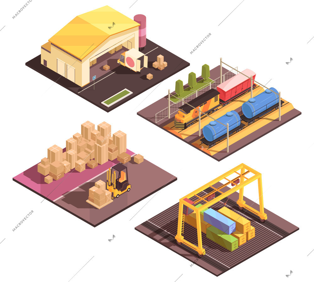 Isometric logistic design concept with set of four isolated sort facilitiy buildings appropriate for different transportation modes vector illustration