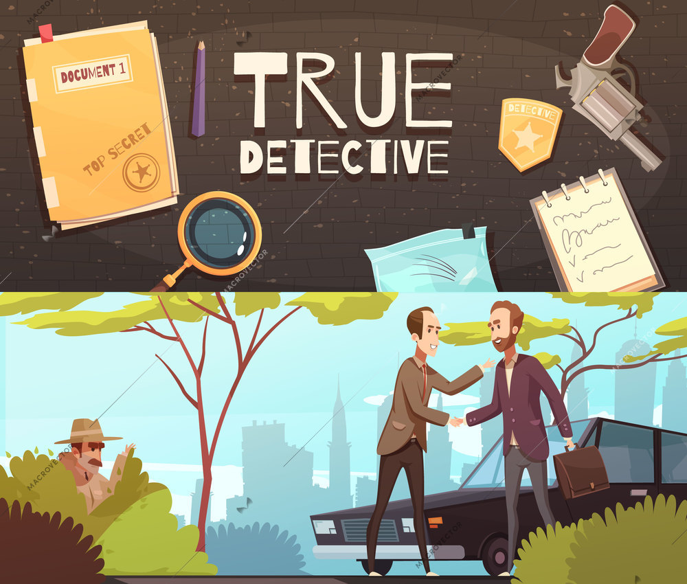 Set of two horizontal banners with doodle style flat images of detective accessories and story episode  vector illustration