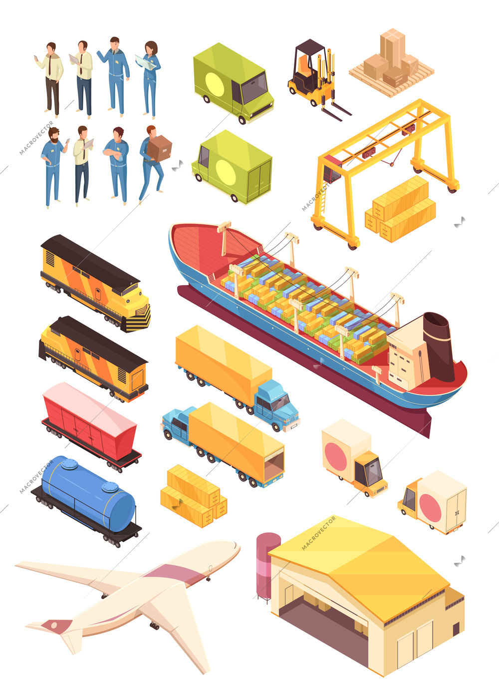 Isometric logistic delivery people set of isolated cargo vessels and vehicles with human characters and warehouse vector illustration