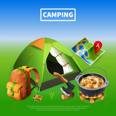 Camping realistic colored poster with big headline and hiking equipment and tools composition vector illustration