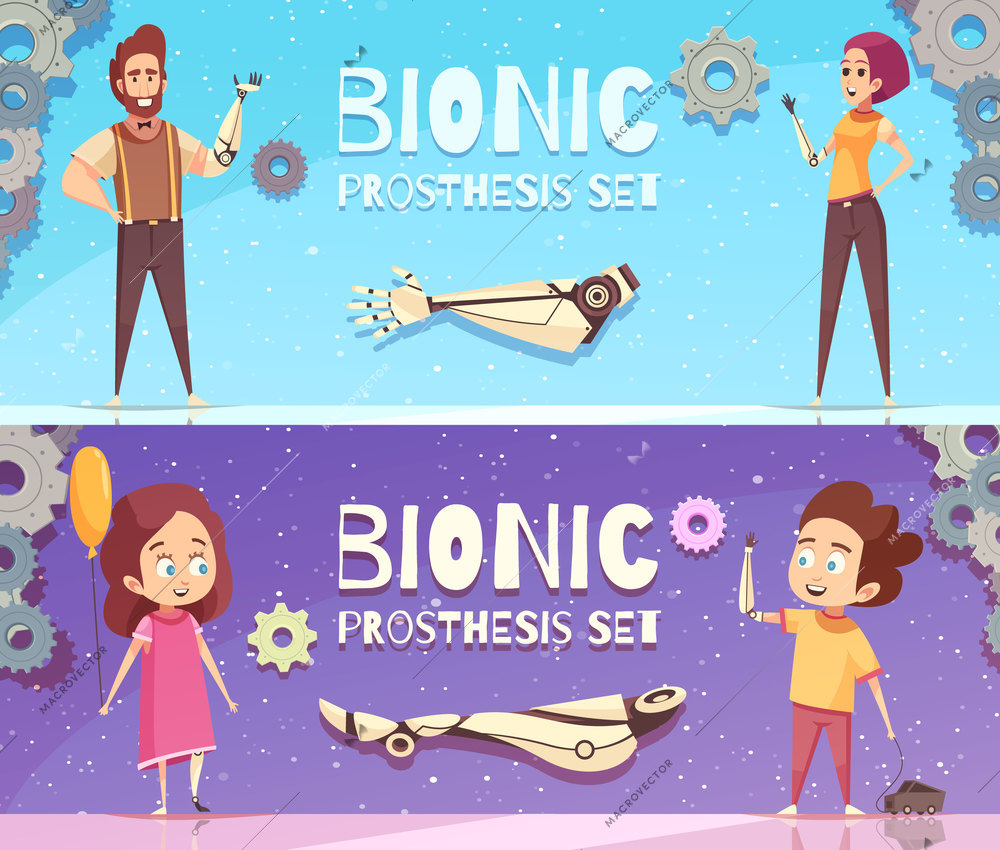Bionic prosthesis banners collection with horizontal compositions of gear images editable text and human characters vector illustration
