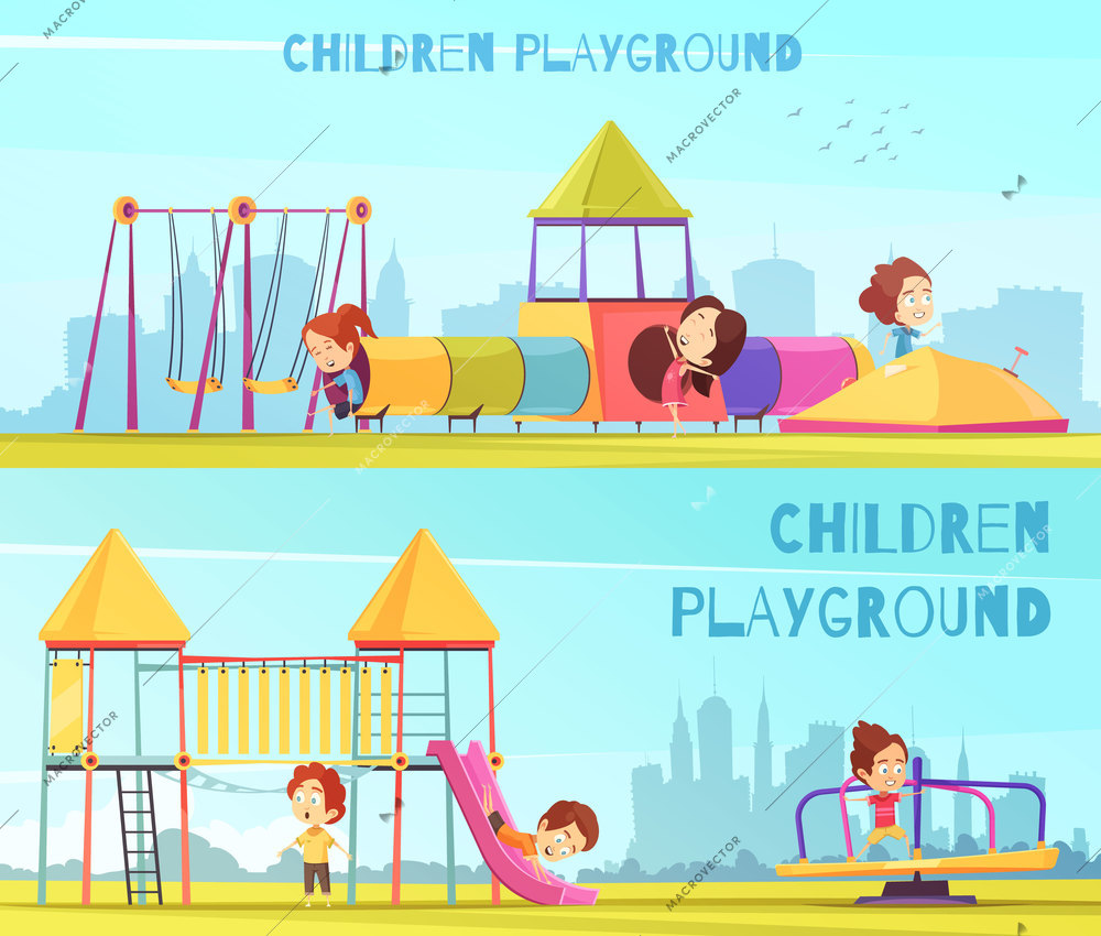 Children playground banners collection of horizontal doodle style compositions views of the city and kids characters vector illustration