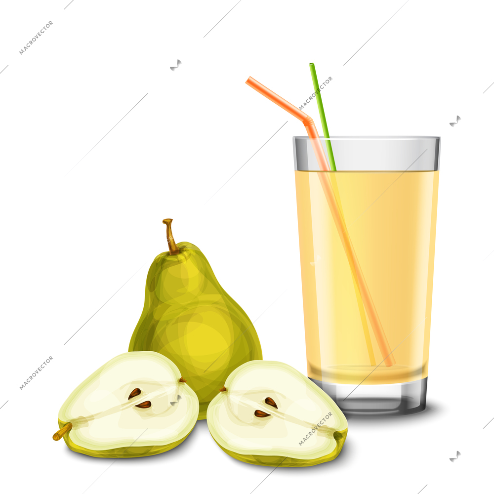 Realistic glass full of juice with cocktail straw and pear fruit isolated on white background vector illustration