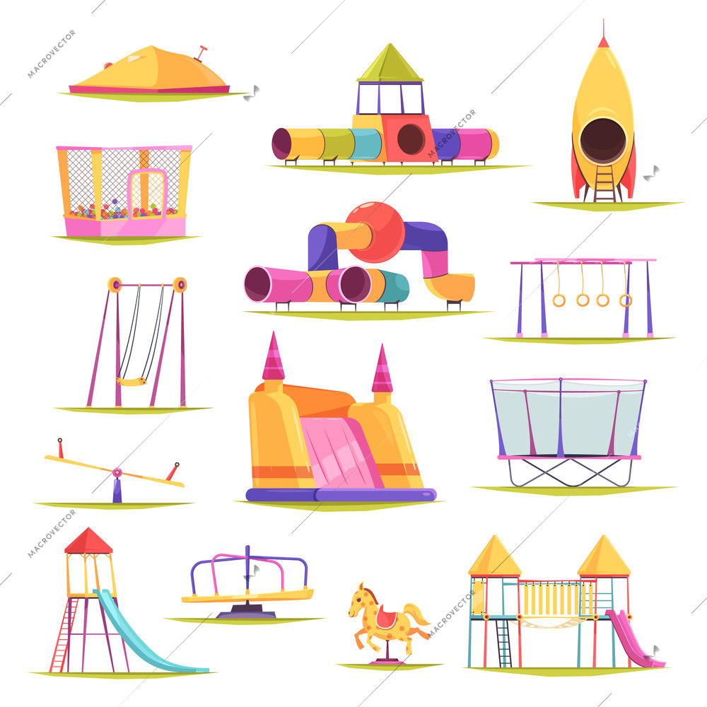 Children playground set with isolated images of colourful slippery dips swing sets and various constructions vector illustration