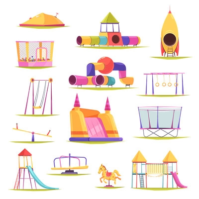 Children playground set with isolated images of colourful slippery dips swing sets and various constructions vector illustration