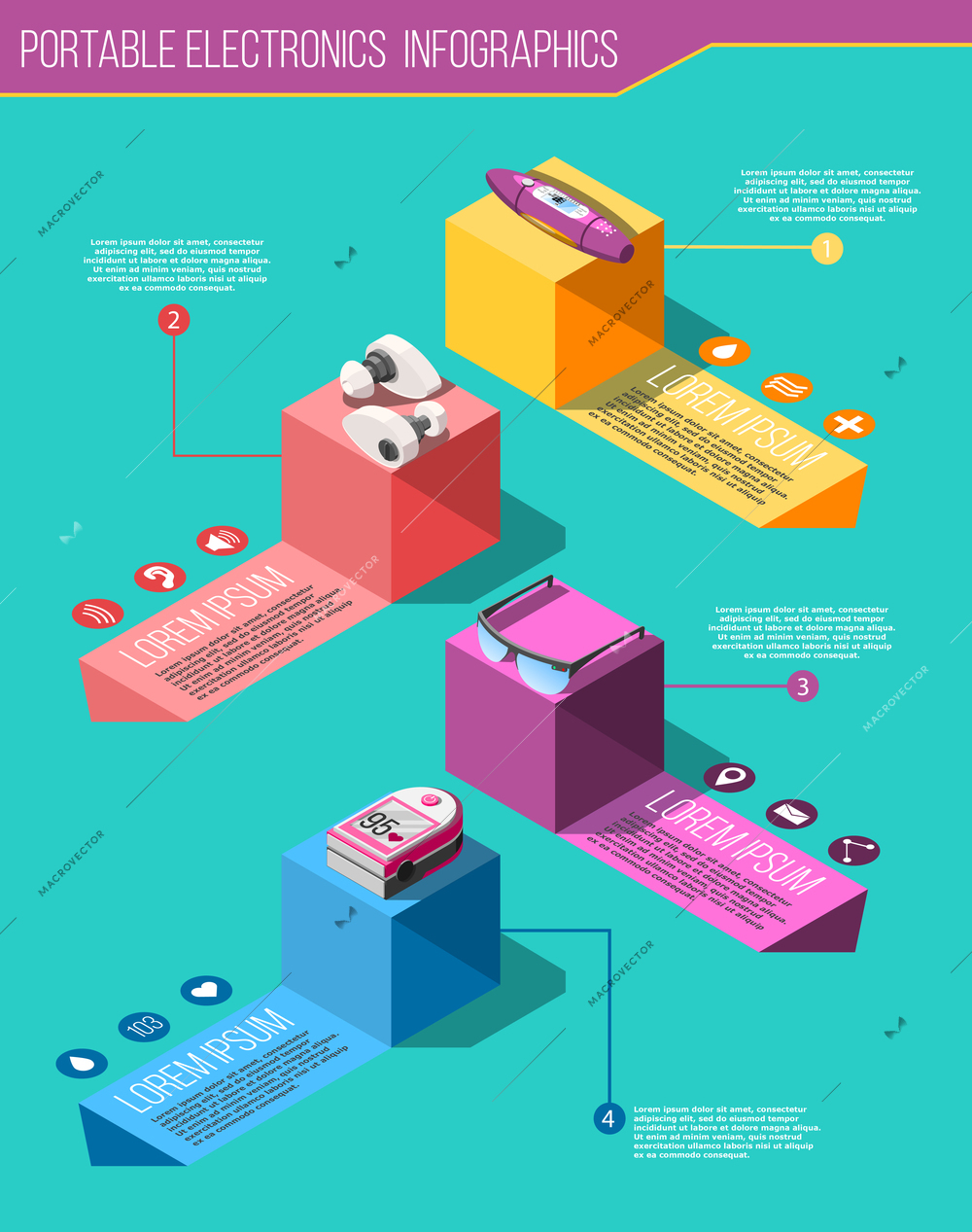 Portable electronics isometric infographics on turquoise background with medical devices on colorful cubes vector illustration