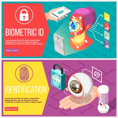 Biometric id horizontal banners with retina recognition, access control by facial geometry and fingerprint isolated vector illustration