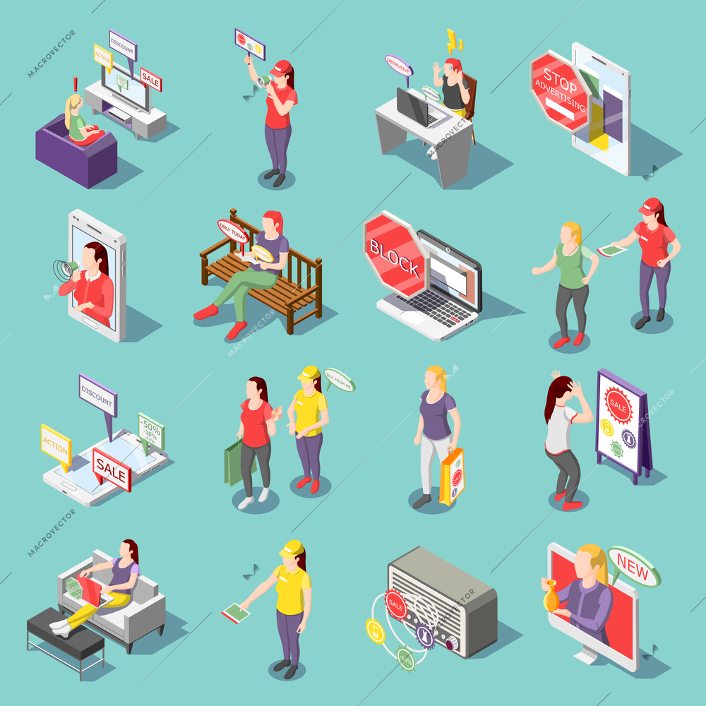 Annoying advertisement on tv, radio, in internet set of isometric icons isolated on turquoise background vector illustration