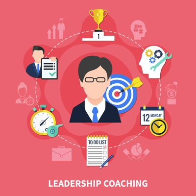 Leadership coaching concept with business  symbols on pink background flat vector illustration