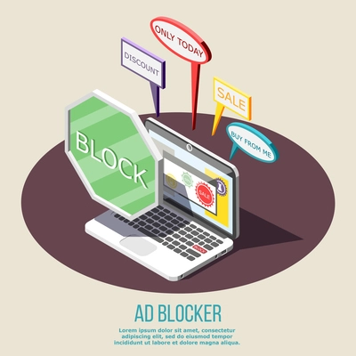 Ad blocking isometric composition on brown round with protected laptop from annoying advertisement vector illustration