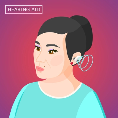 Concentrated woman with hearing aid inside ear with sound waves isometric composition on purple background vector illustration