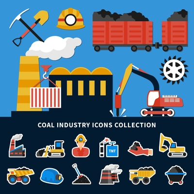 Flat collection of colorful coal mining industry equipment and machinery icons isolated vector illustration