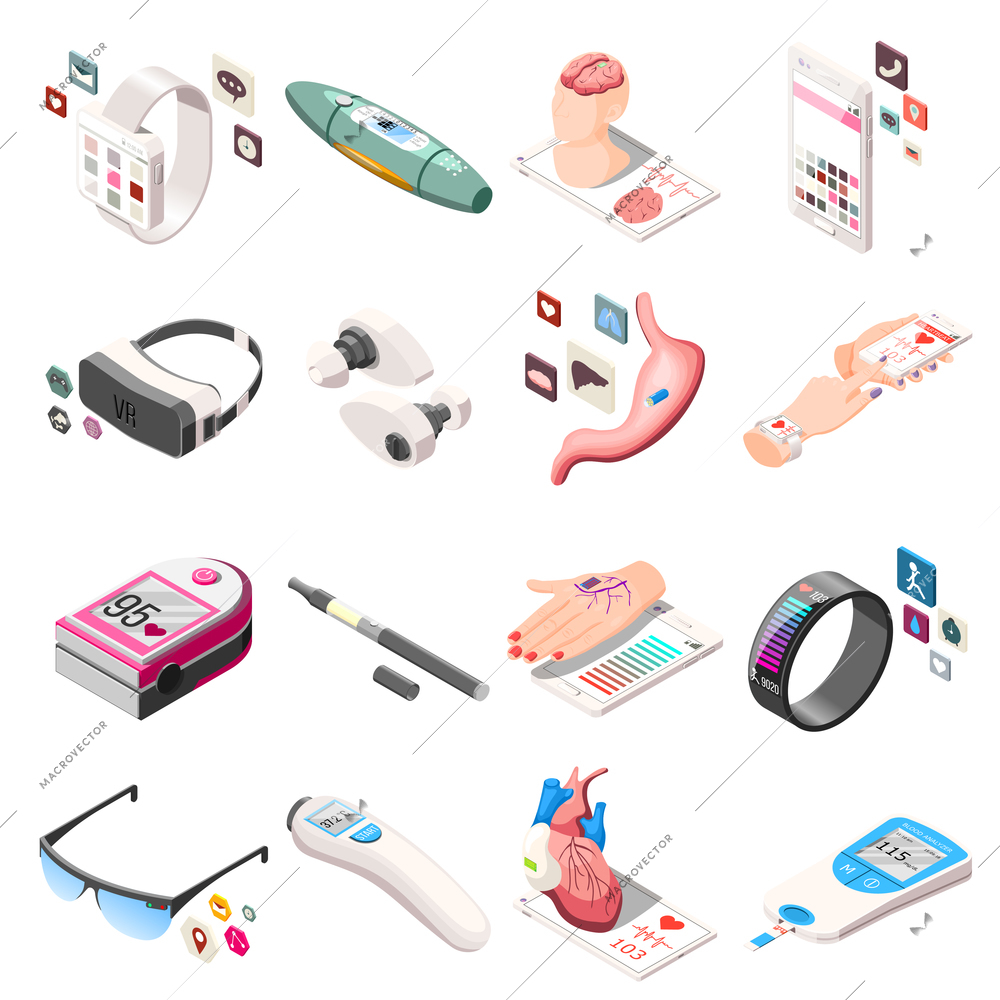 Portable electronics in medicine and life including vr headset, vape, fitness bracelet isometric icons isolated vector illustration