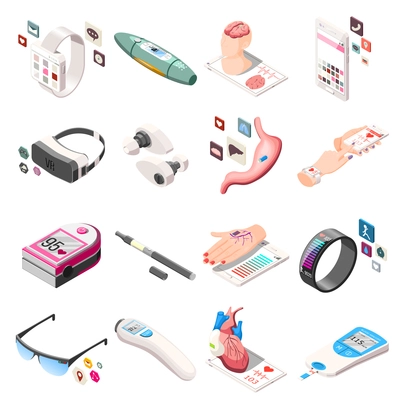 Portable electronics in medicine and life including vr headset, vape, fitness bracelet isometric icons isolated vector illustration