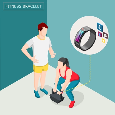 Isometric background with woman athlete in fitness bracelet during weightlifting workout with trainer vector illustration