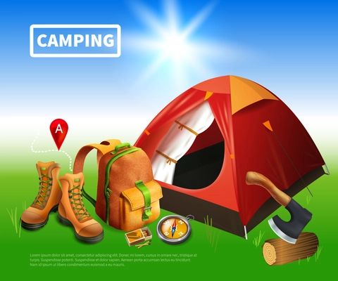 Camping realistic and colored flyer with white headline and elements of equipment vector illustration