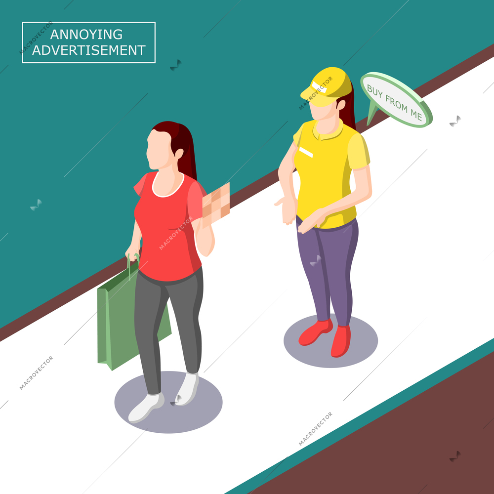 Intrusive annoying advertisement isometric background with obsessive promoter and girl refusing from conversation vector illustration