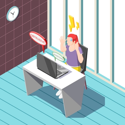 Annoying advertisement isometric background including woman with negative emotions from promotional internet information near laptop vector illustration