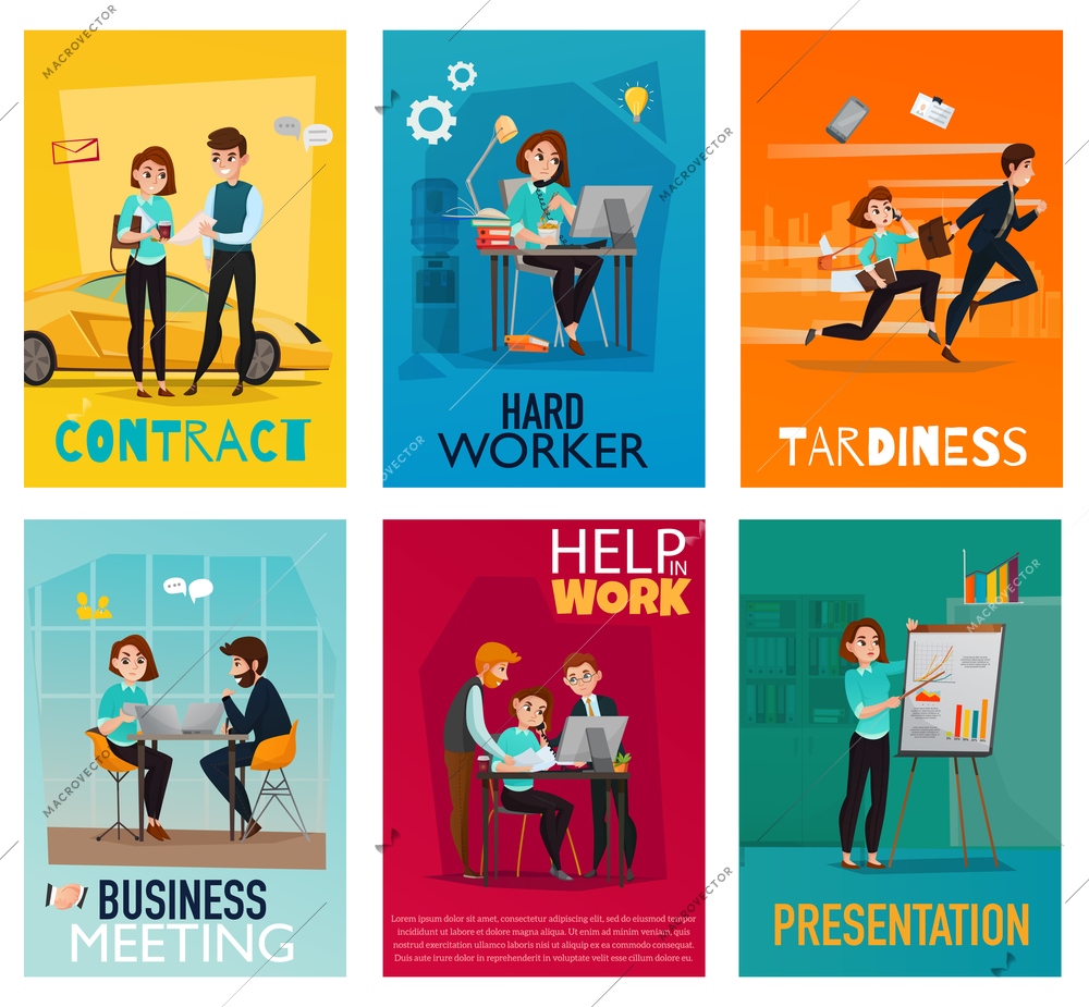 Multitasking cards set with young woman performing different business tasks together with her employees flat vector illustration