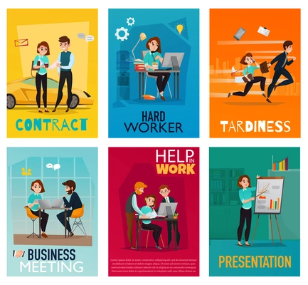 Multitasking cards set with young woman performing different business tasks together with her employees flat vector illustration