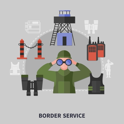 Border guard service equipment concept with man looking thorough binoculars on grey background flat vector illustration