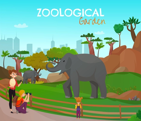 Zoological garden cartoon poster with adults and kids looking for wild elephants living in zoo vector illustration