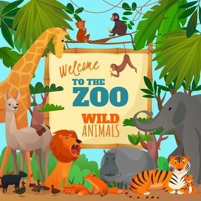 Welcome to zoo cartoon poster with lion elephant giraffe tiger hippopotamus antelope monkeys vector illustration