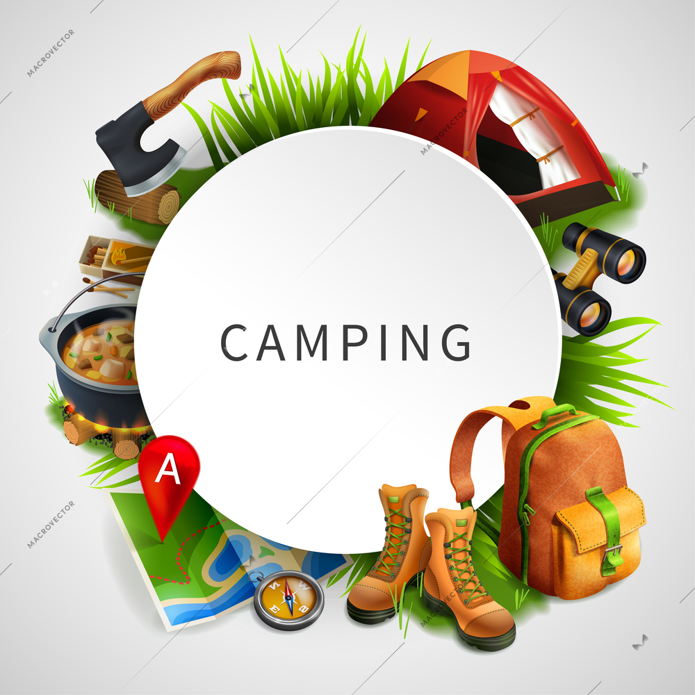 Camping colored realistic composition with frame on the theme in round shape vector illustration