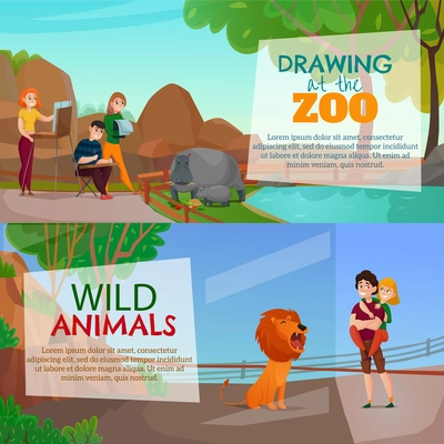 Zoo visitors horizontal banners with young artists drawing wild animals living in zoological garden cartoon vector illustration