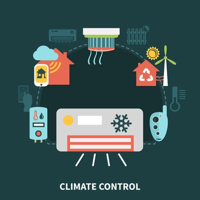 Home climate control composition on black background with conditioner, water heater, control system on smartphone vector illustration