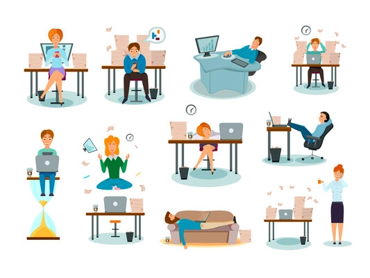 Procrastination characters overwhelmed with work delaying tasks sleeping in workplace distracted symptoms cartoon icons collection vector illustration