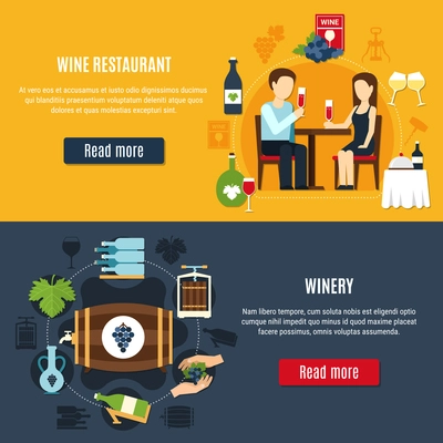 Flat design banners set with winery icons and people drinking wine at restaurant isolated vector illustration