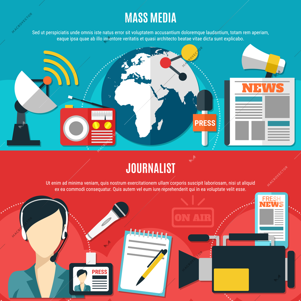 Mass media and journalist horizontal banners with classic journalist accessories and modern communication technology elements flat vector illustration