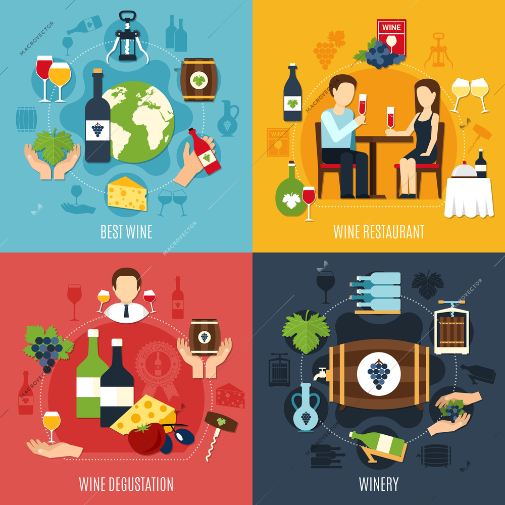 Flat design winery and people degusting best wine 2x2 icons set isolated on colorful background vector illustration