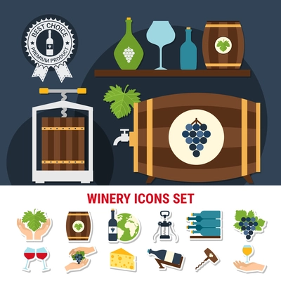 Flat icons set with wine bottles glasses other utensils grapes and cheese isolated vector illustration