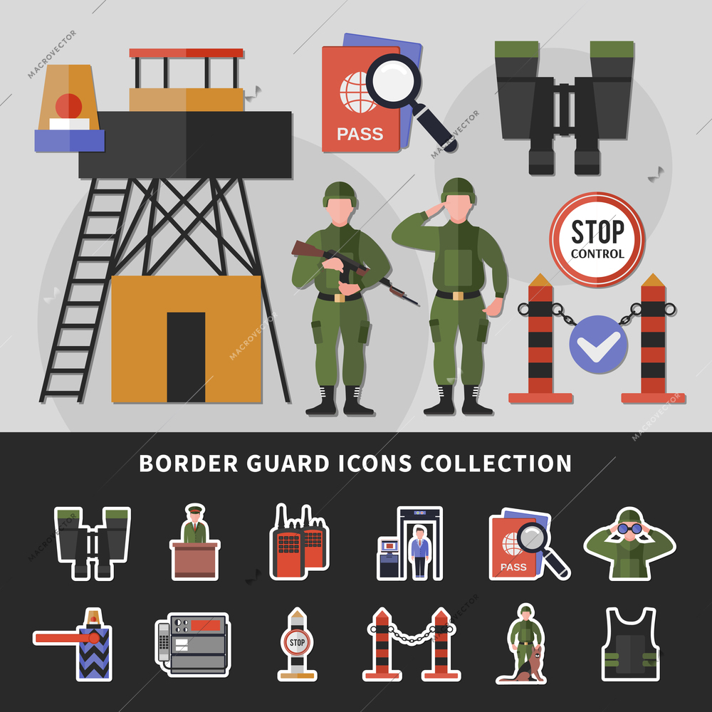 Stop control border guard apparel and equipment icons collection set flat isolated vector illustration