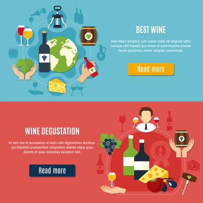 Best wine and degustation horizontal banners set on colorful background flat isolated vector illustration