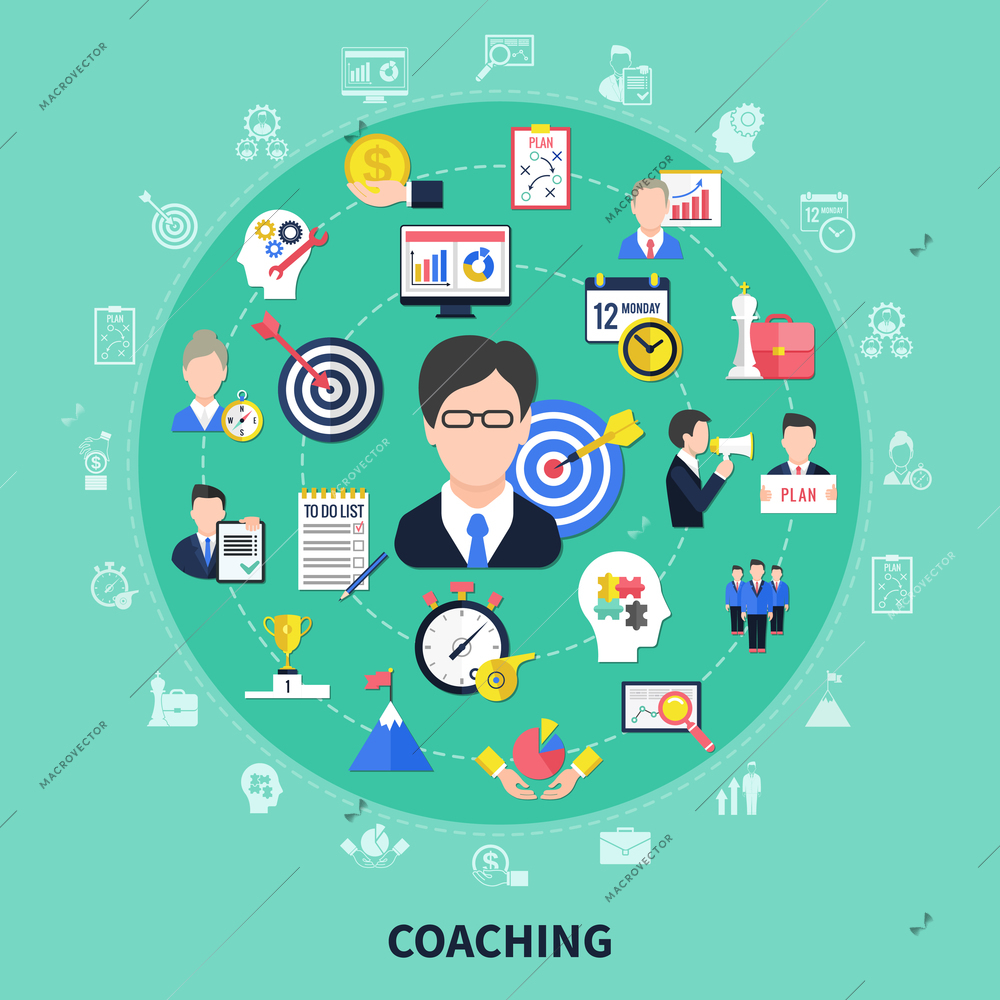 Coaching and training concept with brainstorming and progress symbols flat vector illustration