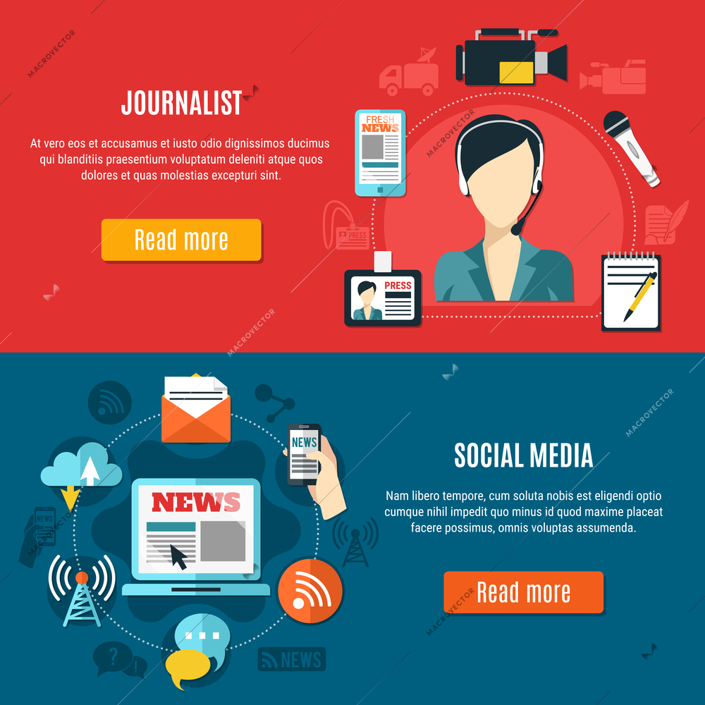 Social media and journalist horizontal banners with professional attributes of traditional and contemporary journalism flat vector illustration