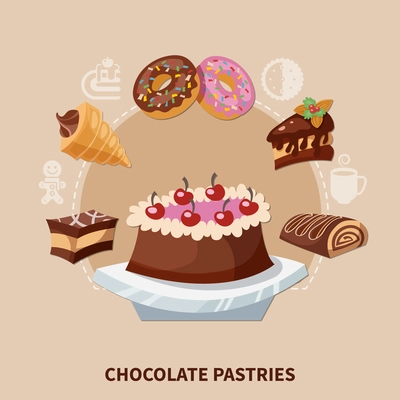 Chocolate pastries round composition with cake, swiss roll, donuts on beige background flat vector illustration