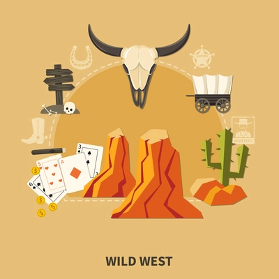 Wild west composition with prairie elements, cow skull, playing cards, wooden signpost on sand background vector illustration