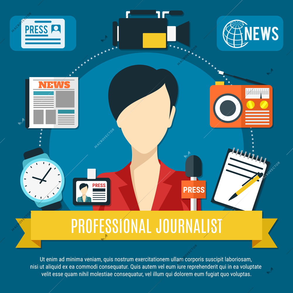 Professional journalist background with news anchorwoman character press microphone radio receiver flat icons vector illustration