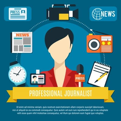 Professional journalist background with news anchorwoman character press microphone radio receiver flat icons vector illustration