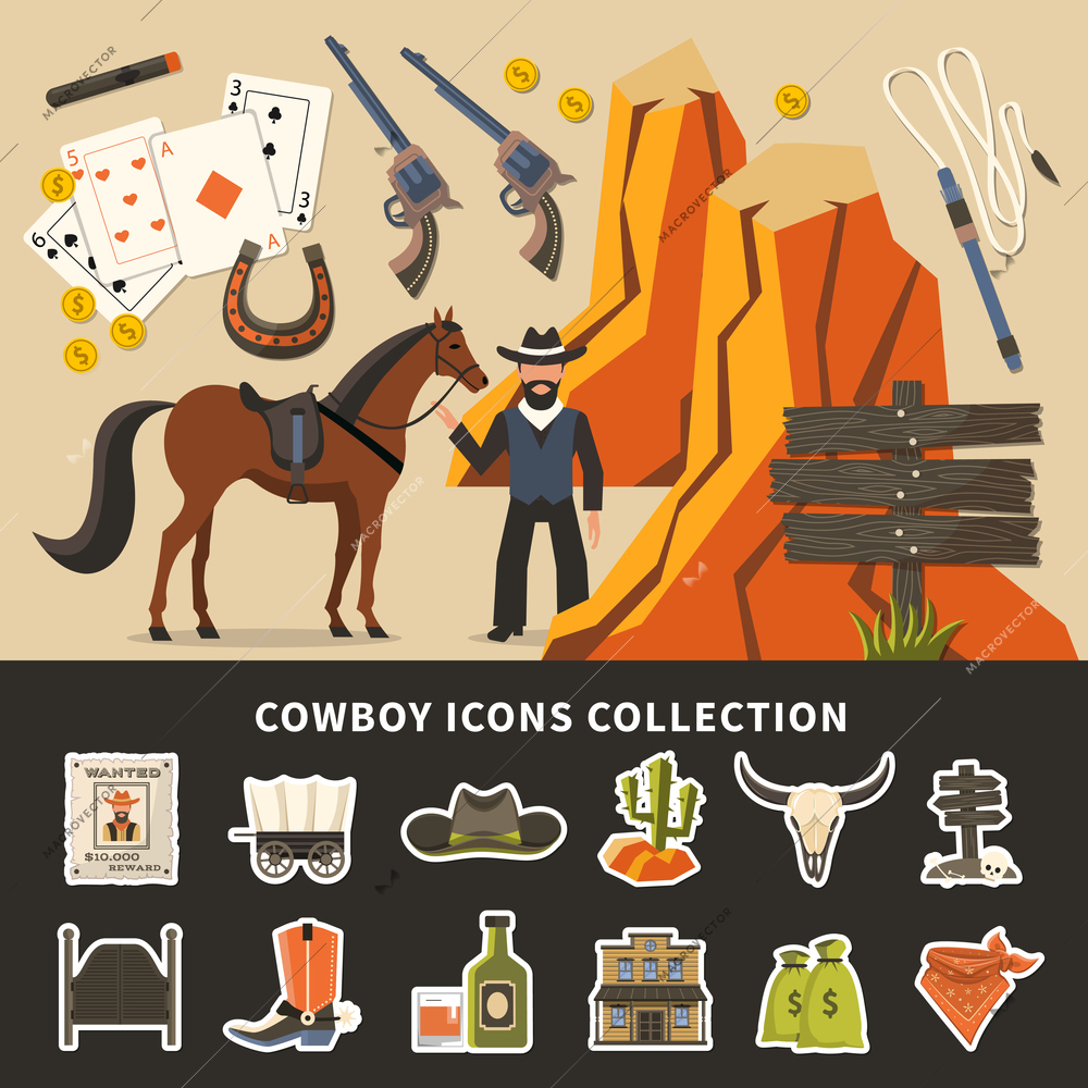 Cowboy icons collection with prairie elements, wanted poster, horse, alcohol, money, signpost, saloon doors isolated vector illustration