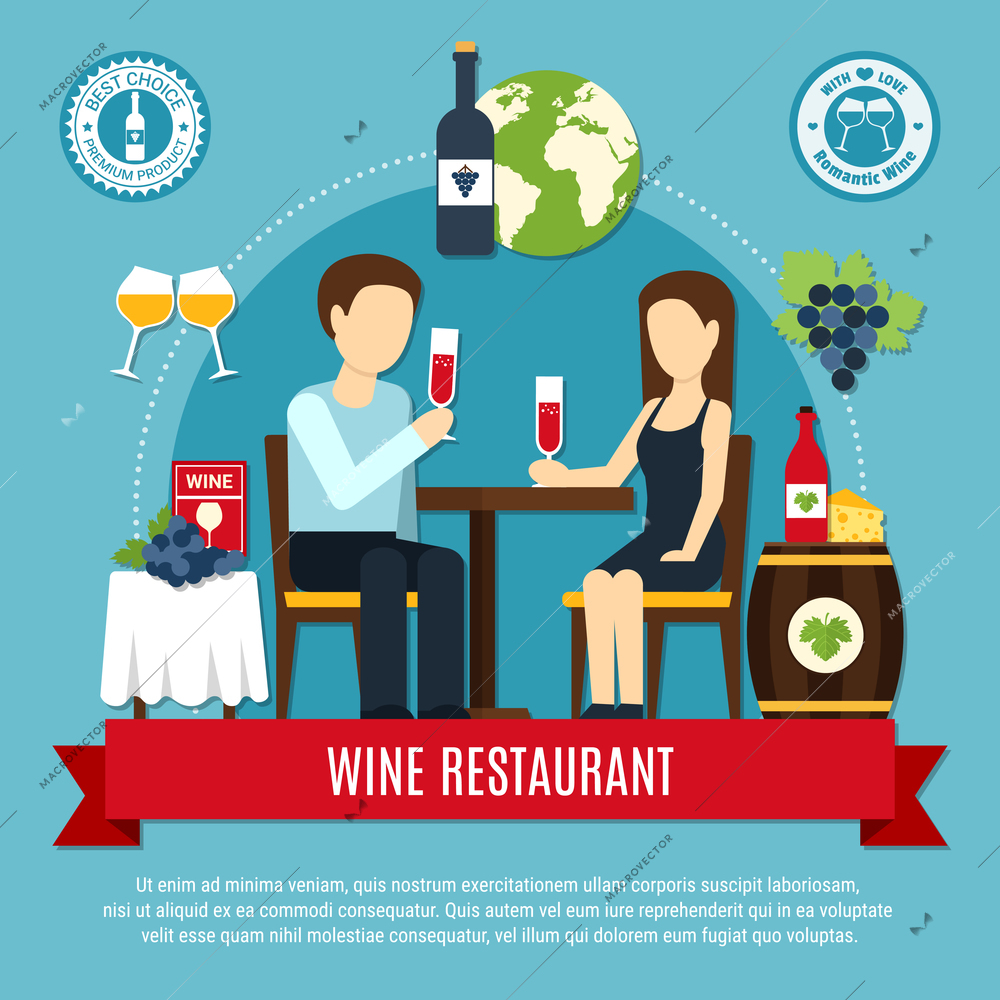 Man and woman degusting wine at restaurant on blue background flat vector illustration