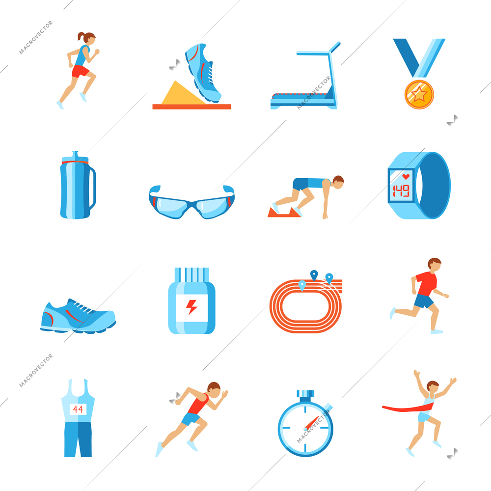 Running race sport activity flat set of fitness clothes shoes and runner icons isolated vector illustration