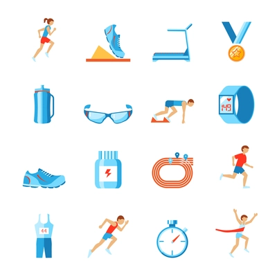 Running race sport activity flat set of fitness clothes shoes and runner icons isolated vector illustration