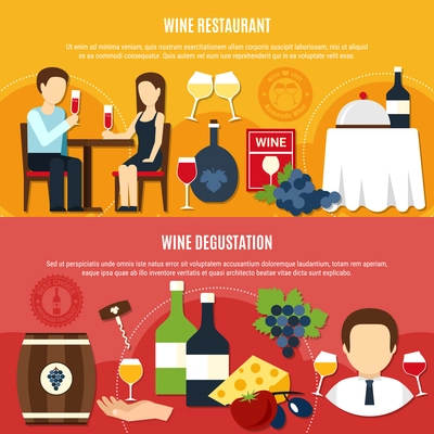 Horizontal flat banners set with couple tasting wine at restaurant on colorful background isolated vector illustration