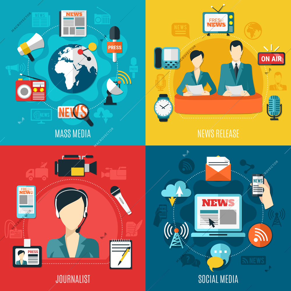 Mass media 2x2 design concept with news release social media journalist square compositions flat vector illustration
